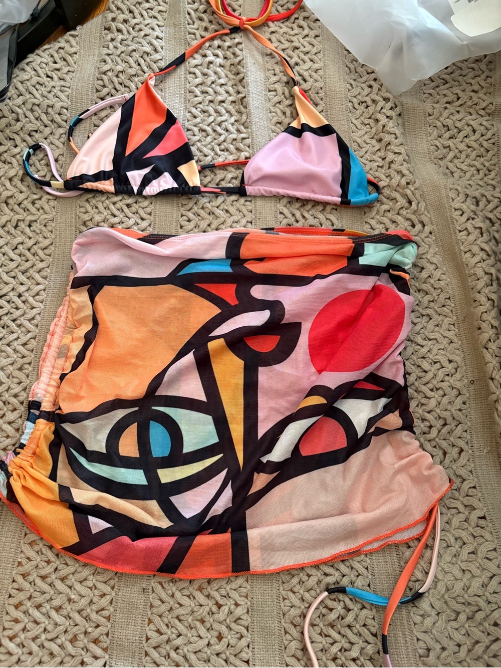 Abstract Multi-Color Bikini Set with Skirt Cover-Up